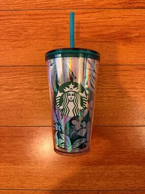 NWT Teal Starbucks Tumbler Holographic Floral Palm Leaves 16 fl oz
